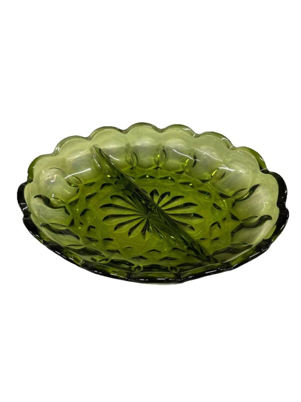 Vintage MCM Avocado Green Glass Divided Relish/Olive/Pickle Candy/Nut Dish